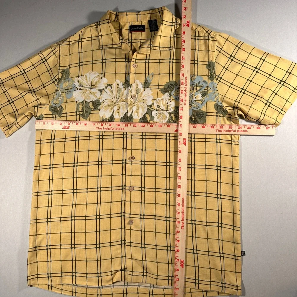 Y2K‎ Ocean Pacific Hawaiian Shirt Mens Large Yellow Rayon Floral Plaid Surf Camp